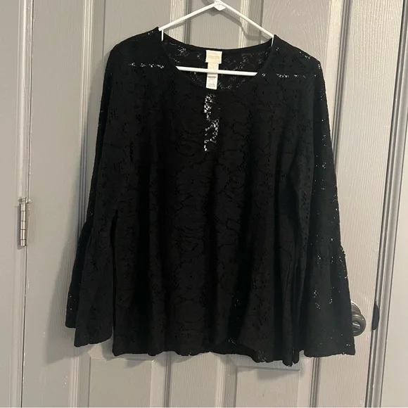 Chico's Black crochet Lace Bell Sleeve Blouse - Picture 2 of 6